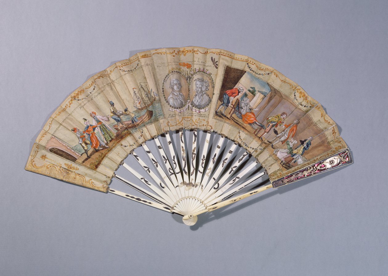 Cagliostro Kontesi, c.1786 (kağıt ve fildişi üzerine guaj) çizimli yelpaze by French School