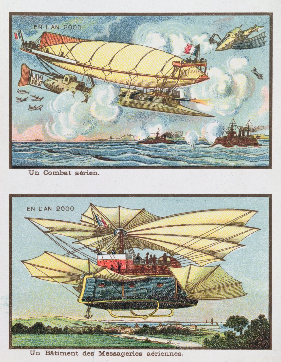 2000 yılında bir hava savaşının ve yük taşımak için bir uçağın fantezi tasvirleri, c.1910 by French School