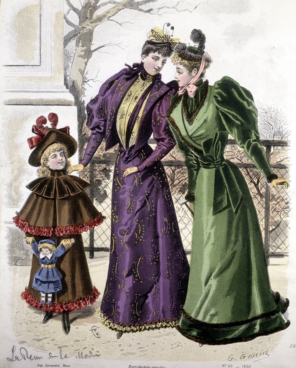 Moda: 2 kadın ve elinde oyuncak bebek tutan bir kız. 1892 by French School