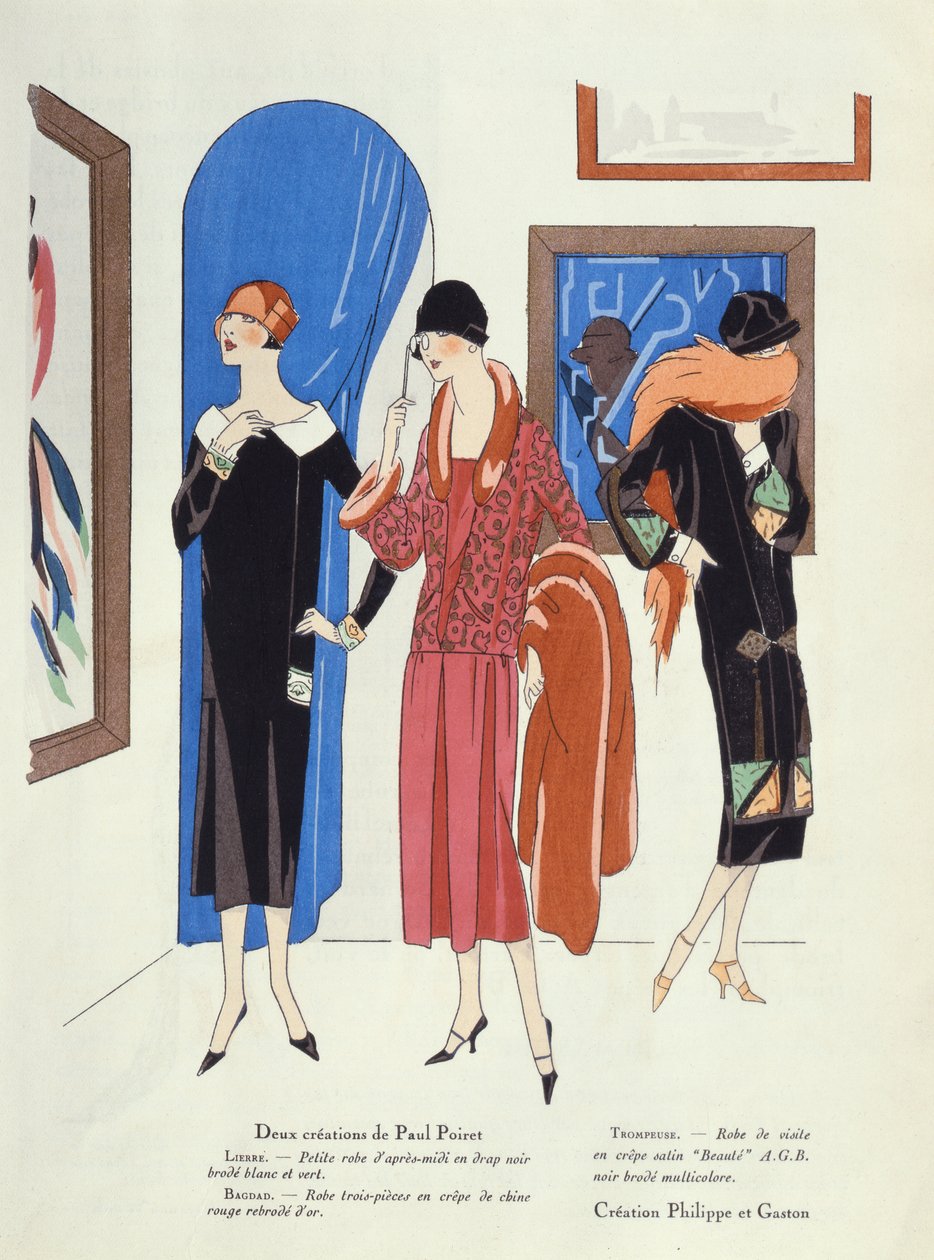 Art, Gout, Beaute, 1925 dergisinden Paul Poiret ve Philippe et Gaston tarafından sanat galerilerinin ziyaretçileri için moda tasarımları by French School