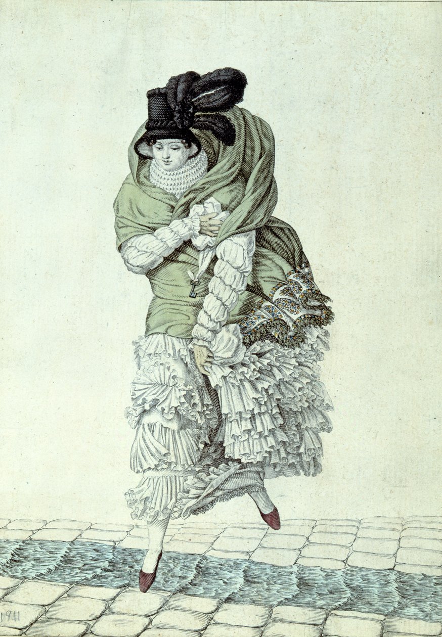 Kanalizasyondan geçen bir bayanı gösteren moda levhası, 1811 (renkli gravür) by French School