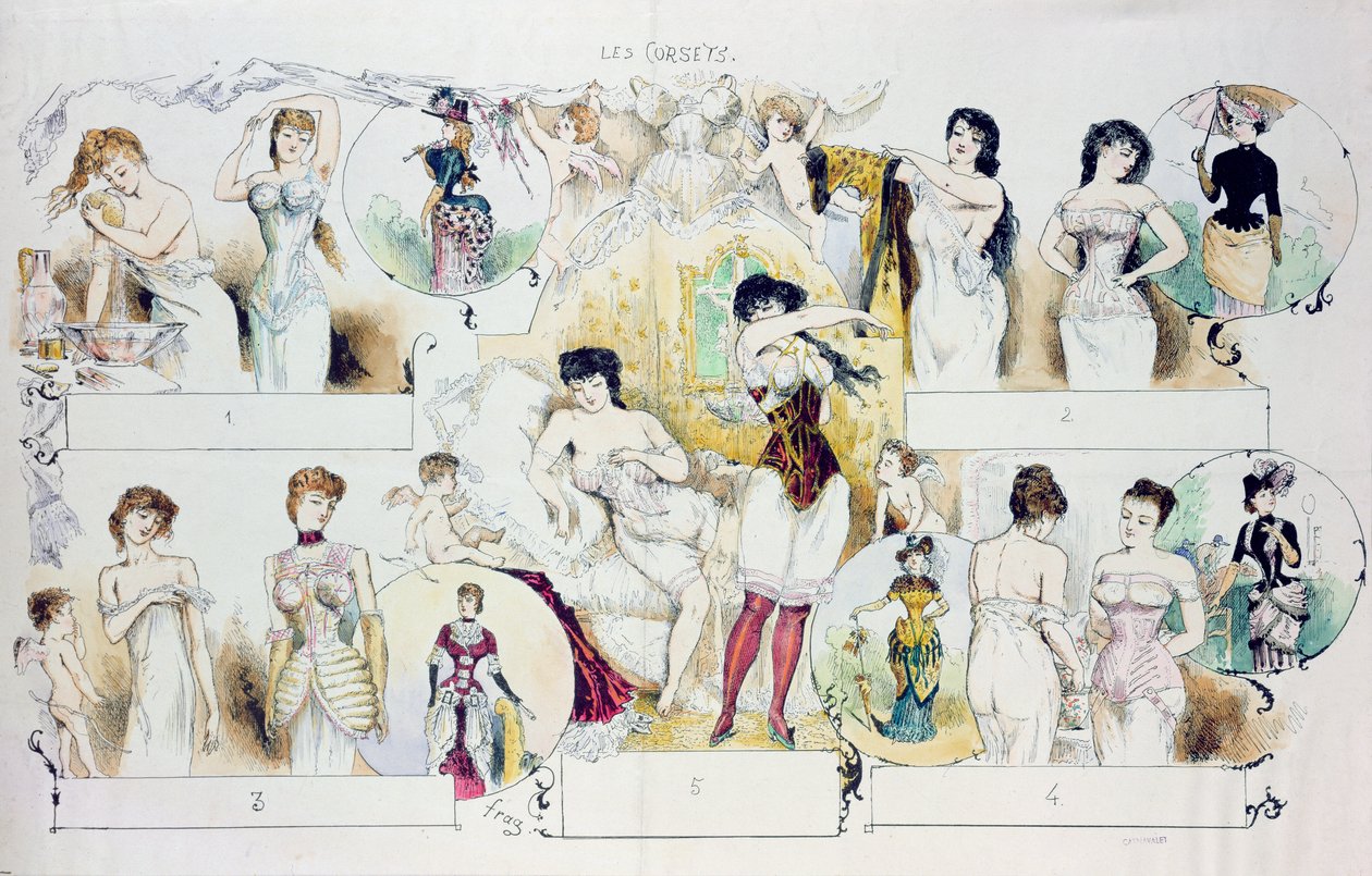 Korseleri betimleyen La Vie Parisienne için moda levhası, 1870 dolayları (renkli gravür) by French School