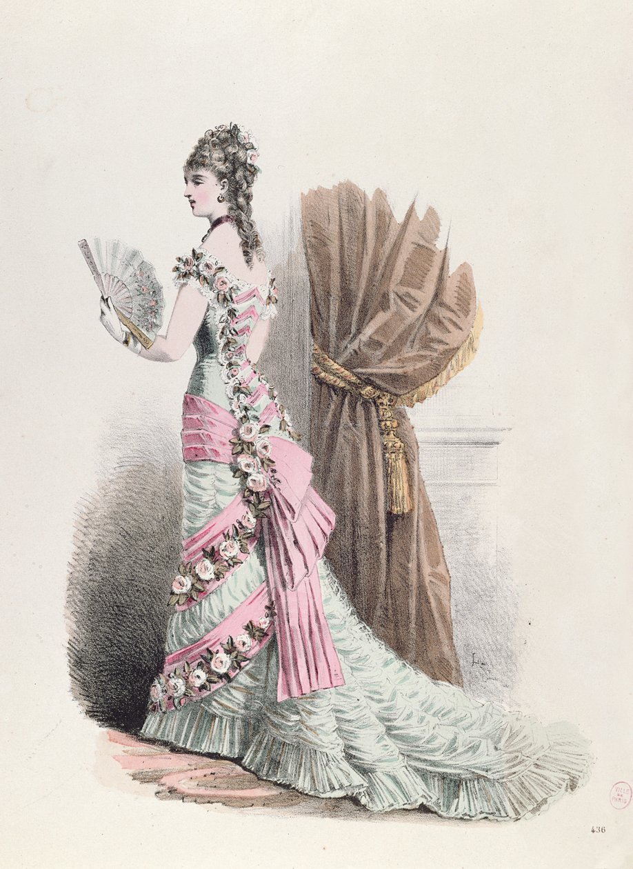 Abiye elbiseli ve yelpazeli bir kadının moda levhası, 1877 (renkli gravür) by French School
