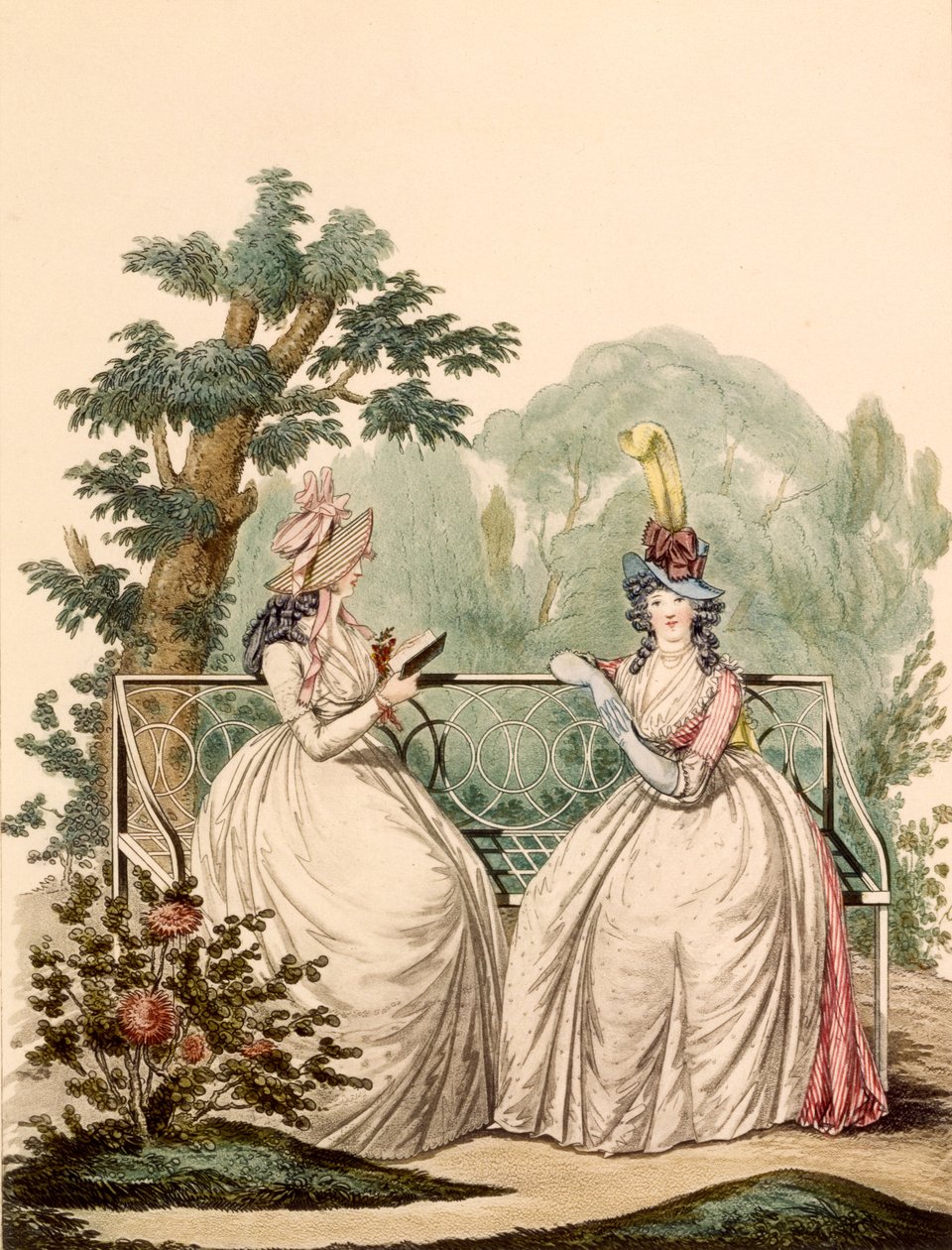 Bayanların yazlık günlük elbiselerdeki moda levhası - Modes Anglaises, 1794 by French School
