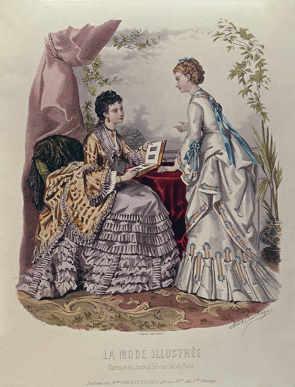 Bayanların Mme Breant-Castel tarafından tasarlanan ve fotoğraf albümlerine bakan elbiselerini gösteren moda levhası, 1872 by French School