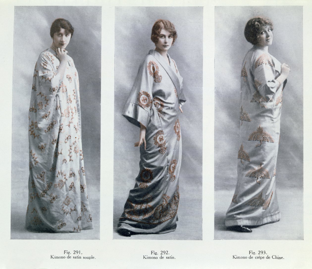 Kimono tasarımlarını gösteren moda levhaları, Le Jardin des Modes Nouvelles'den çizimler, 15 Nisan 1913 by French School
