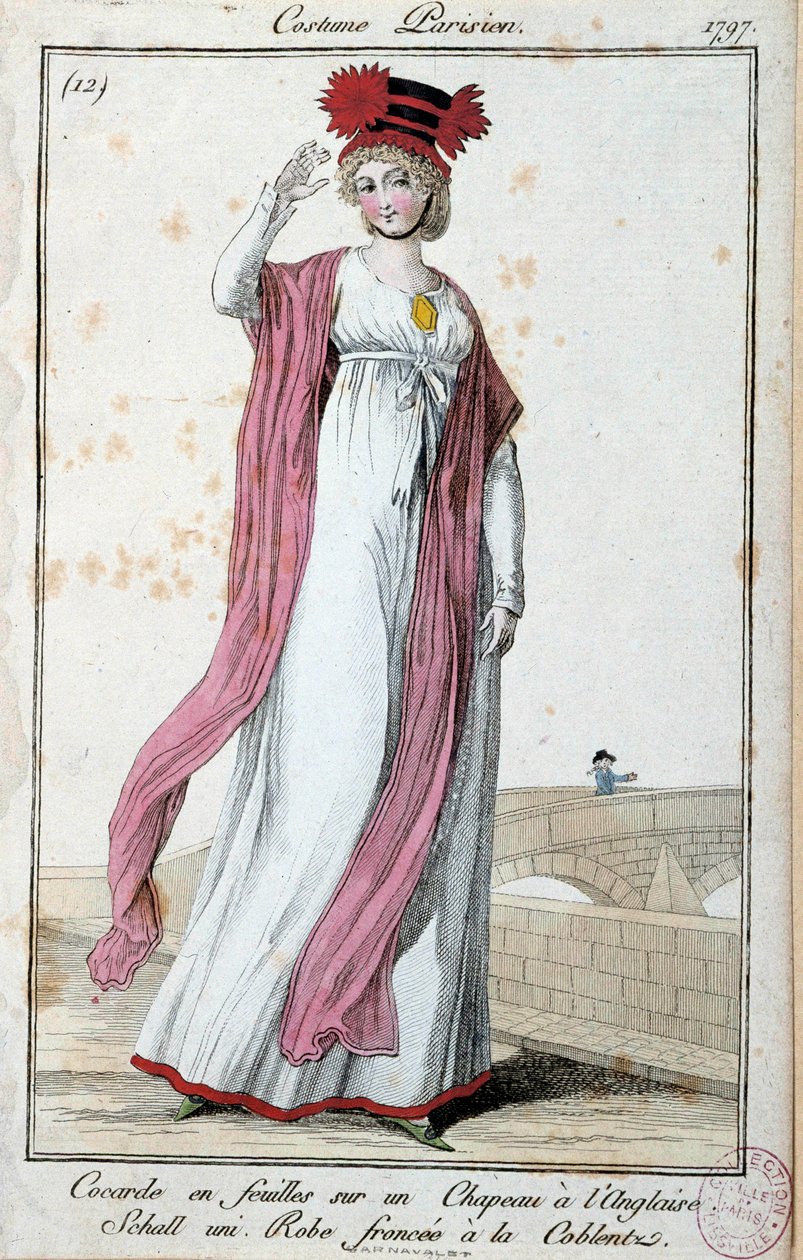 Directoire altında moda: Parisli bir takım giyen zarif genç kadın: İngiliz şapkalı çarşaflarda cocarde, elbise kaşlarını çattı coblentz. Anonim gravür. 1797 Paris, Musee du kostüm by French School