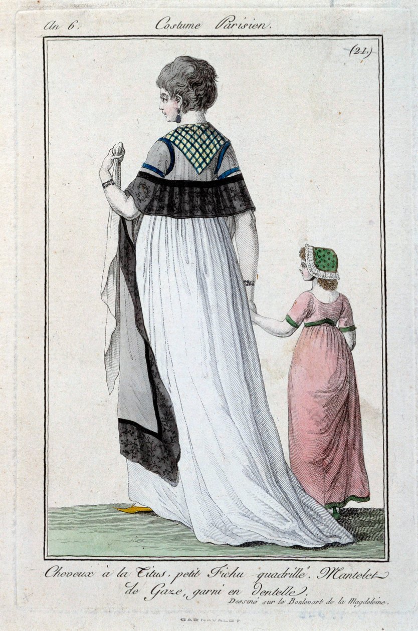 Yönetim kurulu altında moda: Titus giyen zarif genç Parisli kadın, dantelli gazlı bez manto. 1797. Paris, kostüm müzesi by French School