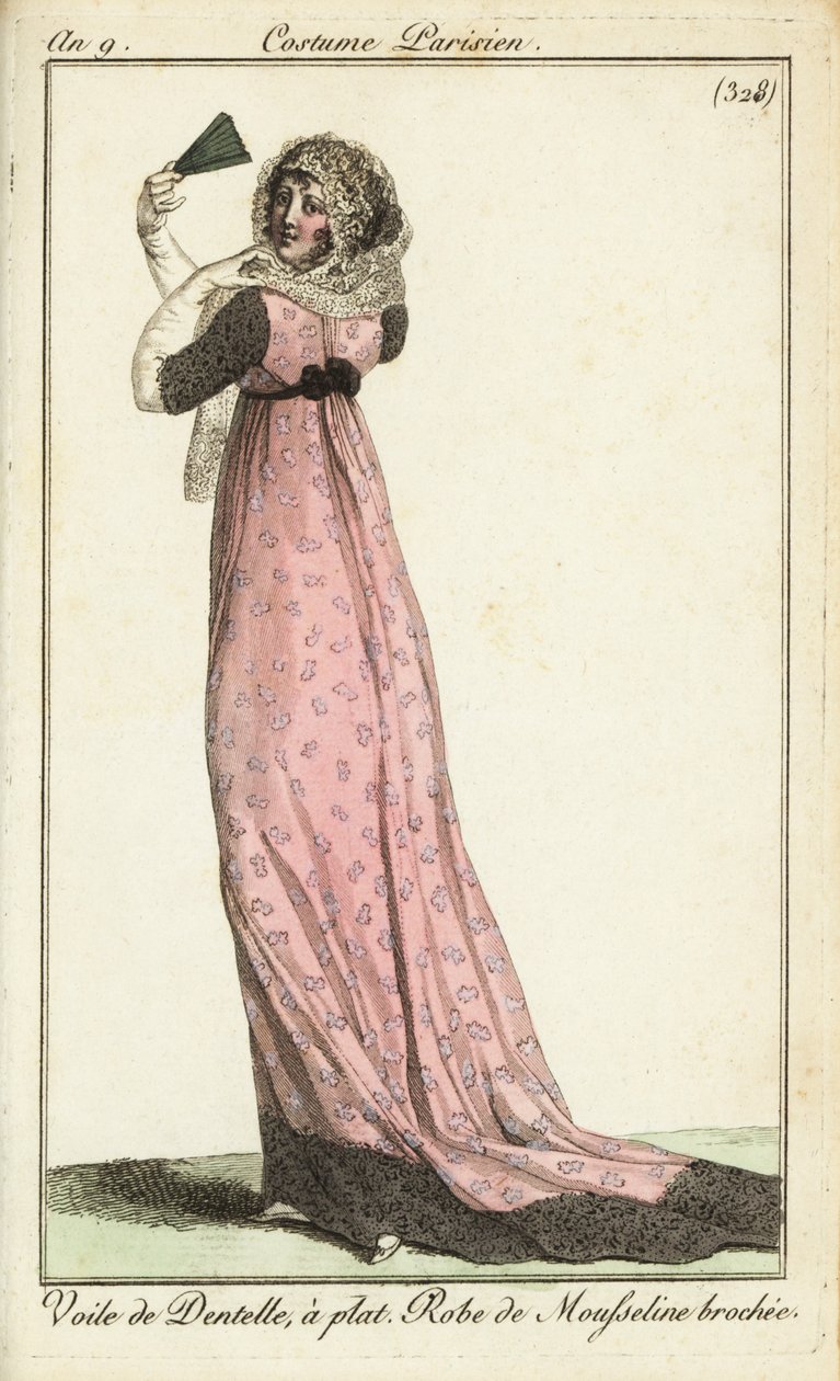 Dantel peçeli şık kadın, damask muslin elbise by French School