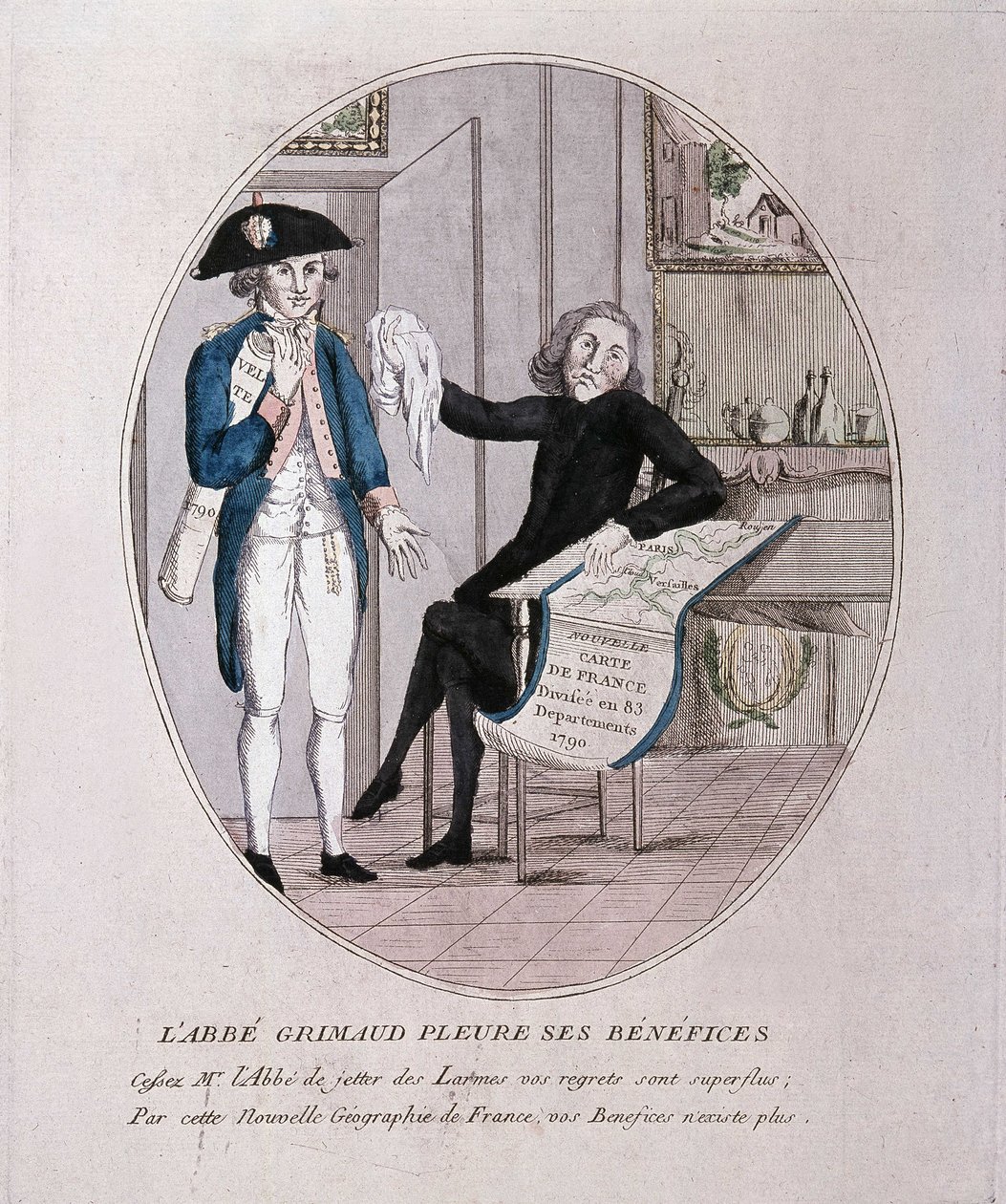 Peder Grimaud, 18. yüzyılın sonlarında devrimin bir karikatürü olan kârının yasını tutuyor by French School