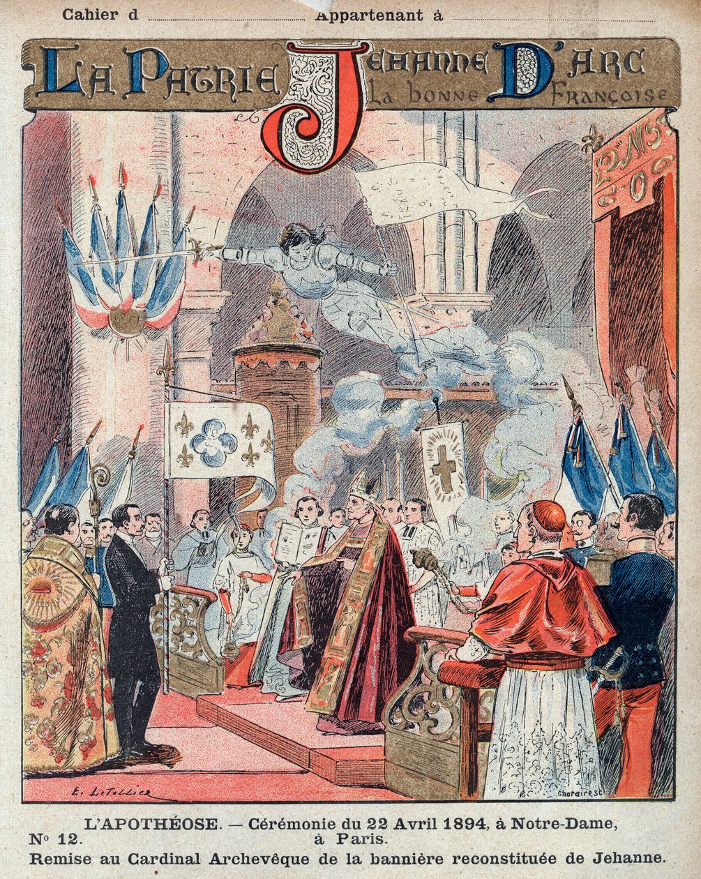 Paris'in Notre-Dame kentinde Joan of Arc onuruna ziyafet. Afişin kutsanması - Okul kitapları için koruyucu bir kılıftan, 19. yüzyılın sonlarında - E. Letellier'in çizimi - 22 Nisan 1894'te Paris Notre Dame Töreni - arkaik ca'ya sunum by French School