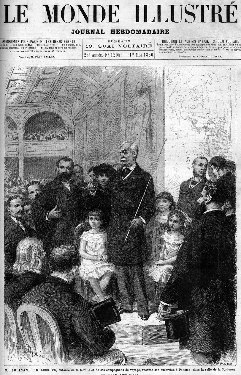 Ferdinand de Lesseps ailesi ve yol arkadaşlarıyla çevrilidir ve Salle de la Sorbonne
