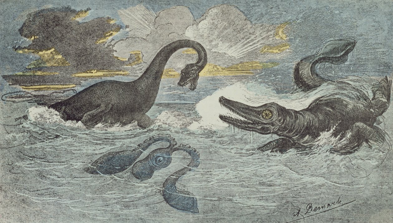 Liyas veya Jura döneminde (208 ila 146 milyon yıl önce), 1880 (renkli gravür) bir Plesiosaurus ve bir Ichthiosaurus arasındaki savaş by French School