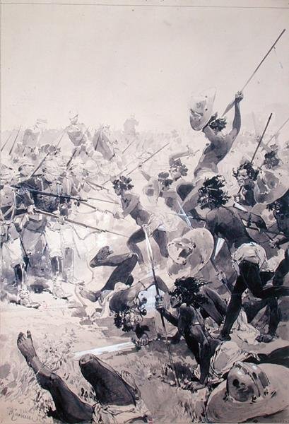Zulus ve İngiliz Askerleri arasındaki mücadele, c.1878 (kağıt üzerine suluboya) by French School