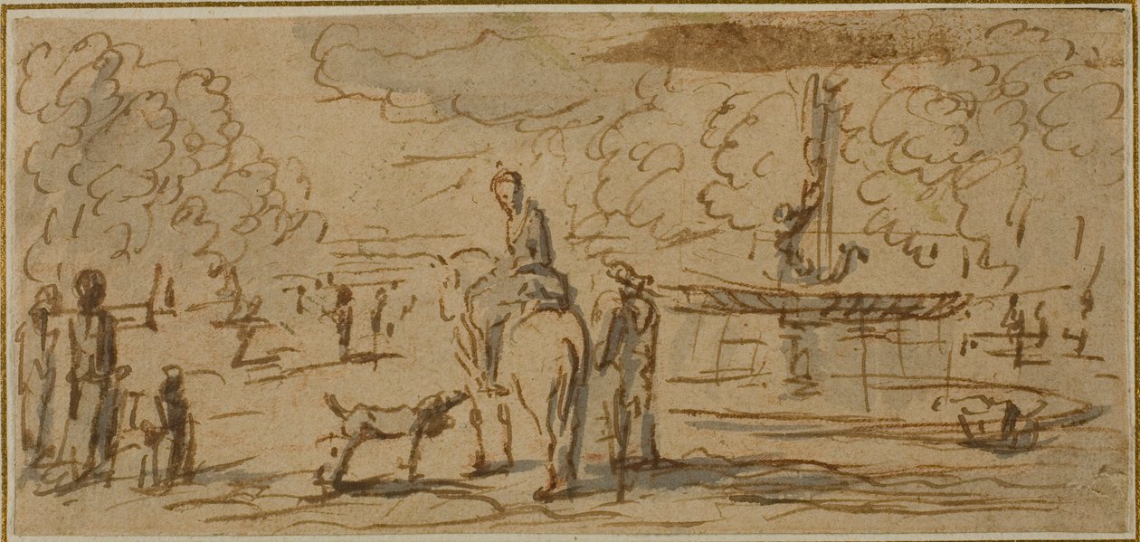 Bir Parkta Yürüyen ve At Sırtında Figürler by French School