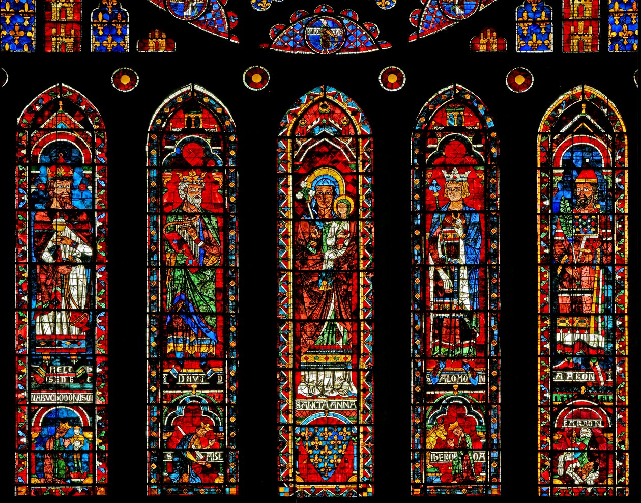 Kuzey gül penceresinin altındaki figürler: Melchisedek, David, St Anne, Solomon, Aaron ve sahneler (w121) by French School