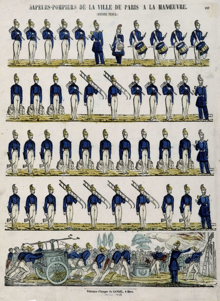 Paris şehrinin itfaiyesi manevra yapıyor - Epinal resmi, 1852 dolaylarında by French School
