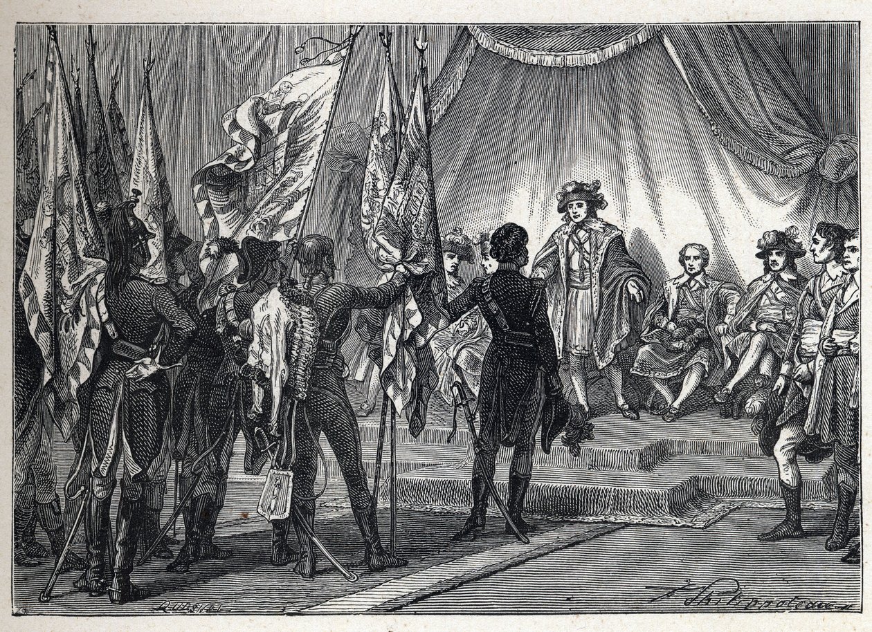 İlk koalisyon: Joachim Murat (1767-1815), İtalyan seferi sırasında Napolyon Bonapart komutasındaki Fransız ordusu tarafından fethedilen bayrakları Yönetim Kuruluna sunar. 1889