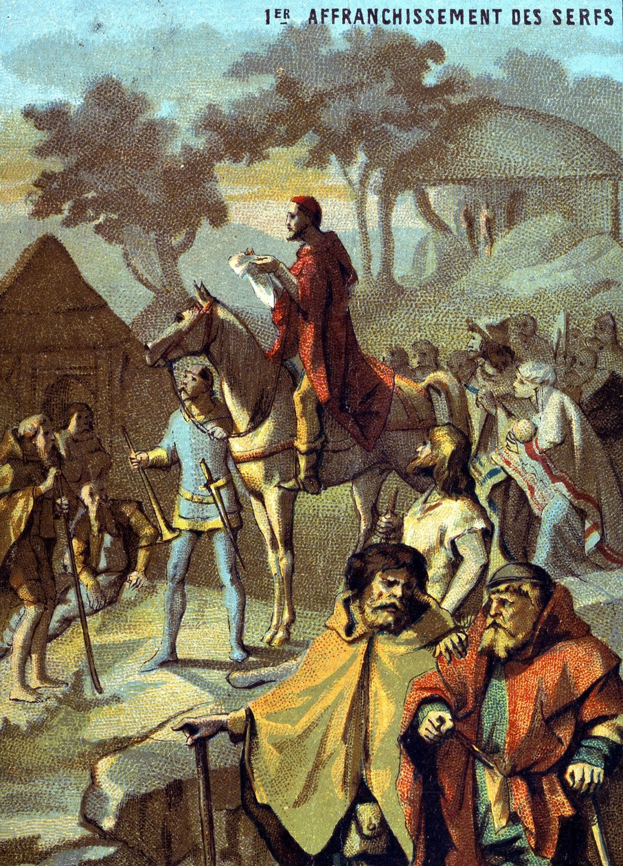 Serflerin ilk kurtuluşu (1315) Louis X. "" İmge yoluyla yurtsever öğretimi" serisinin kromolitografisi. by French School