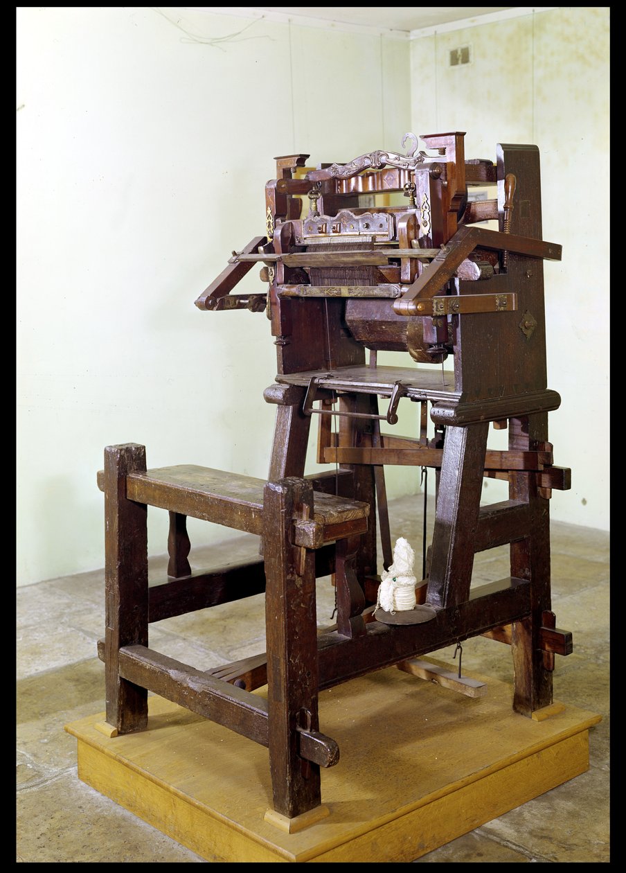 Çorap dokumak için ilk dokuma tezgahı, 1750 (ahşap ve metal) by French School