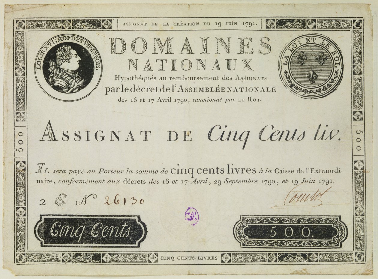 Beş yüz liralık banknot, 19 Haziran 1791 by French School