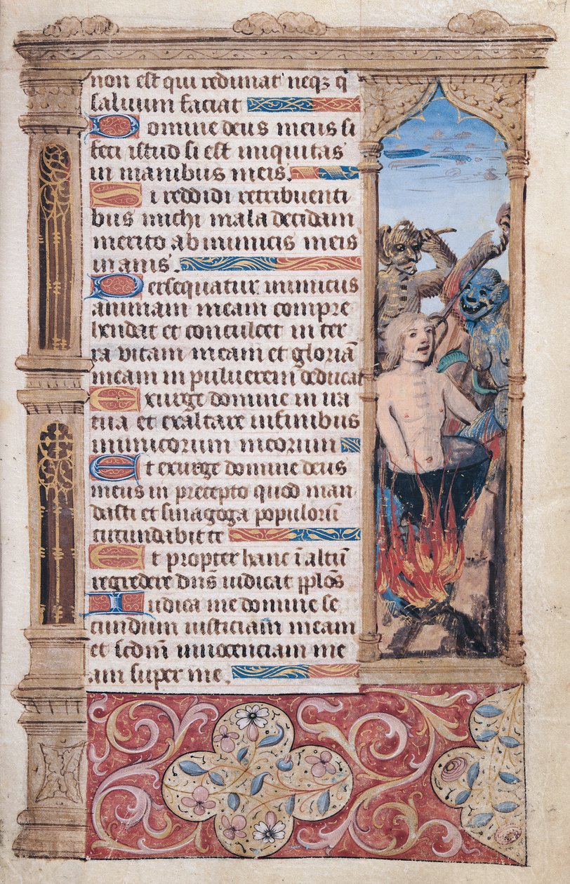 Fol.67r "Heures de l"Usage de Rome"dan iki iblis tarafından işkence gören bir adamın kenarlık ayrıntısını içeren metin sayfası by French School