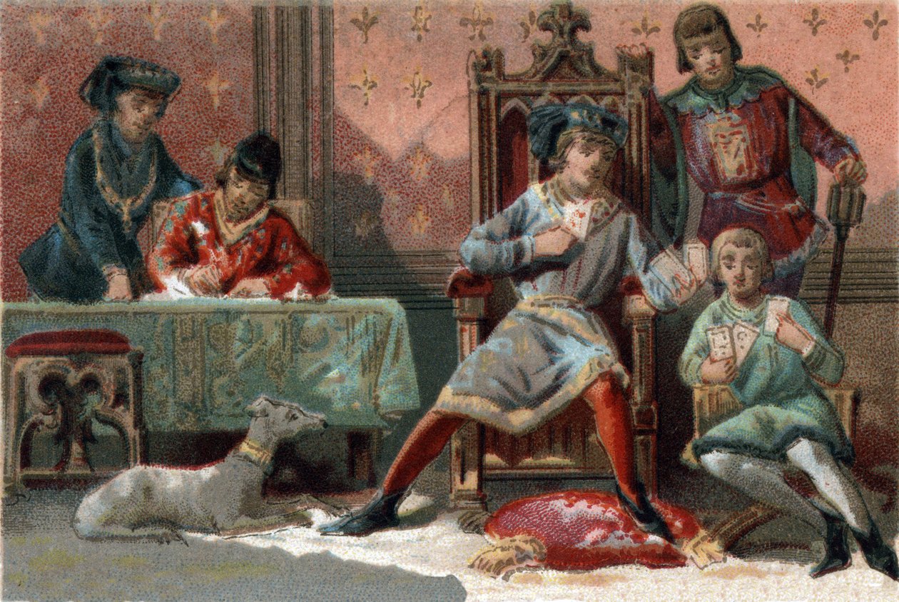Dikkati dağıtmak için, Fransa Kralı Charles VI (1368-1422) kağıt oynardı. 1890 civarında kromolitografi. by French School