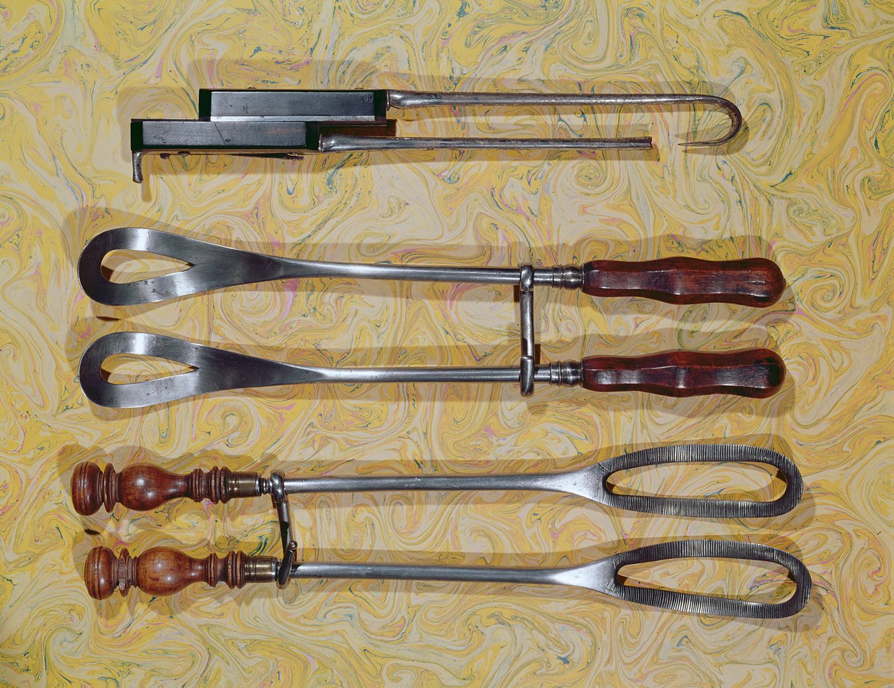 Jan Palfyn of Ghent (1650-1730) tarafından kullanılan forseps (ahşap ve metal) by French School