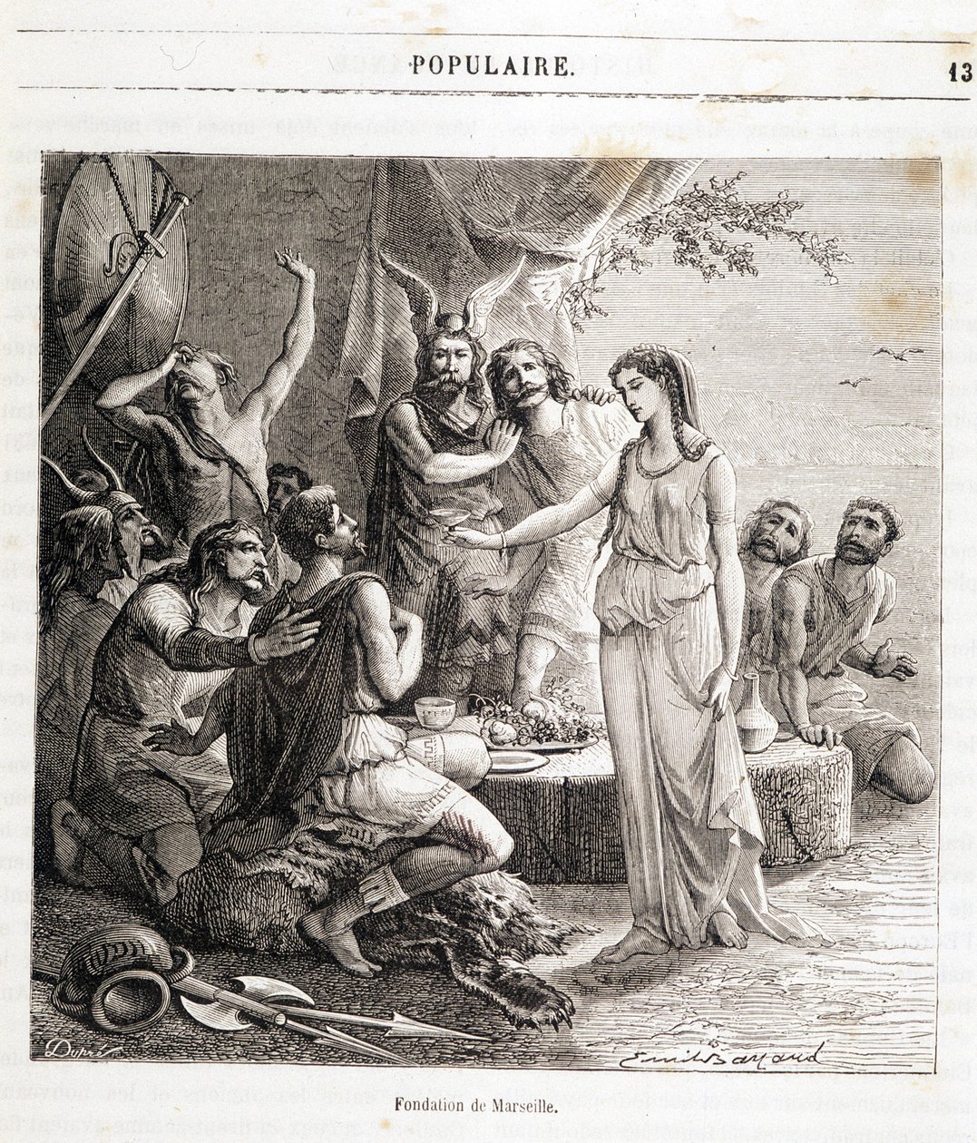 Marsilya'nın kuruluşu: Fransız şehri MÖ 600'de Yunan denizciler tarafından kuruldu. Henri Martin'in "Histoire de France populaire" gravürü. 19. yüzyıl by French School