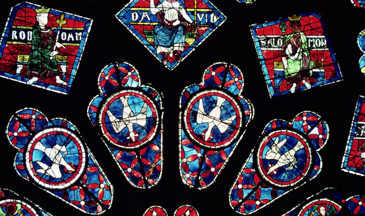 Dört güvercin, kuzey gül penceresinden detay, yaklaşık 1223 by French School