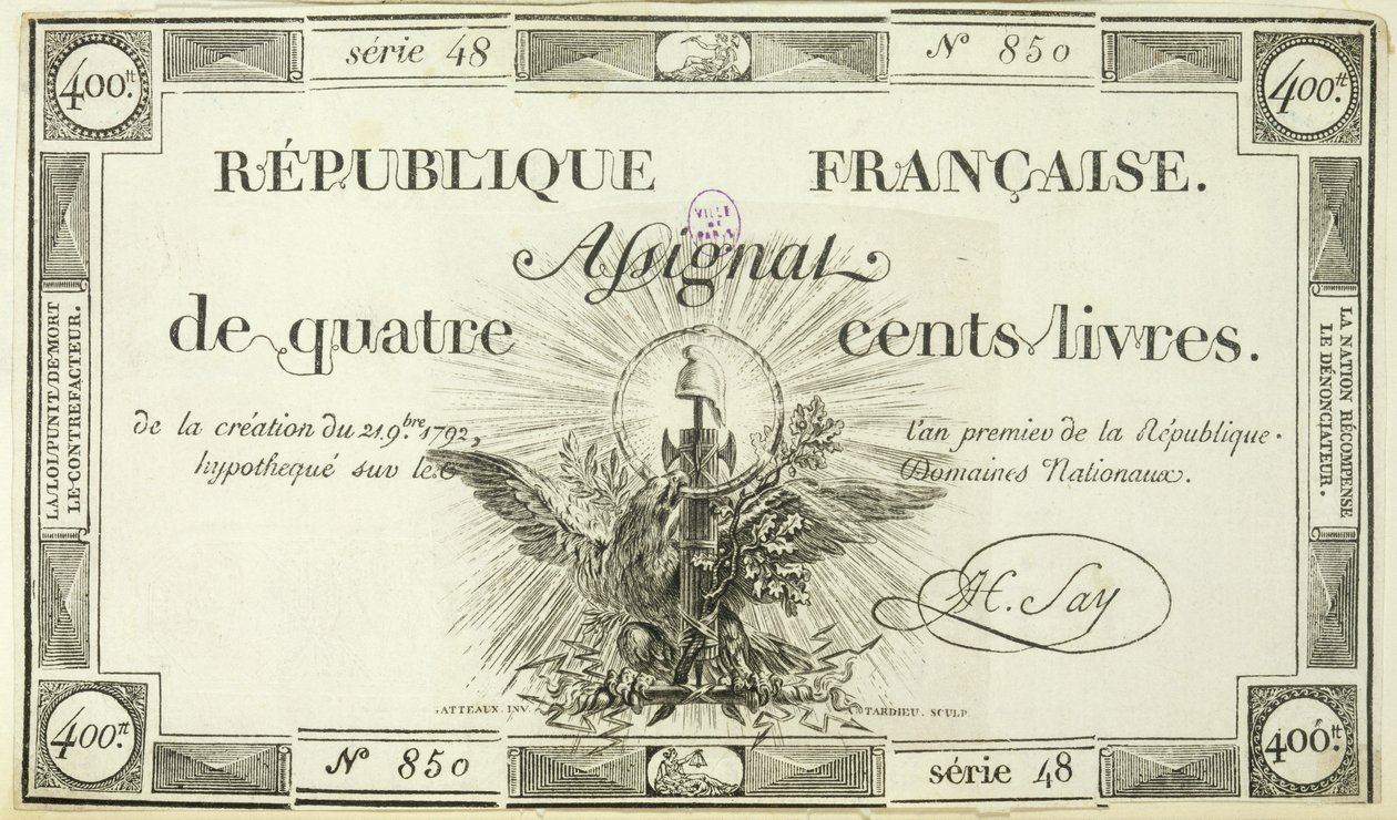 Dört yüz liralık banknot, 21 Eylül 1792 by French School