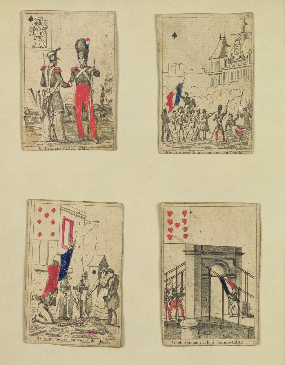 Temmuz 1830, 1831 kahramanlarını anan dört oyun kartı by French School