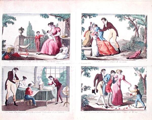 Ebeveyn sorumluluklarını tasvir eden dört sahne, 19. yüzyılın başlarında (renkli gravür) by French School