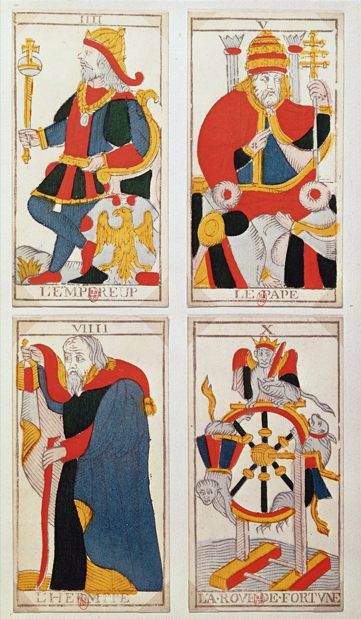 İmparator, Papa, Münzevi ve Çarkıfelek tasvir eden dört tarot kartı (renkli ahşap gravür) by French School