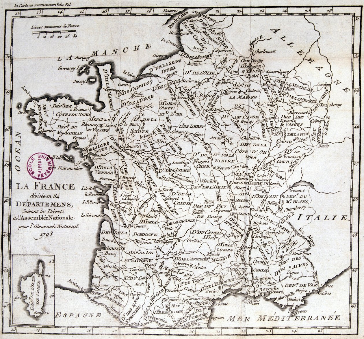 Fransa, 1793 Ulusal Meclisi kararnamelerini takiben 84 bölüme ayrıldı. by French School