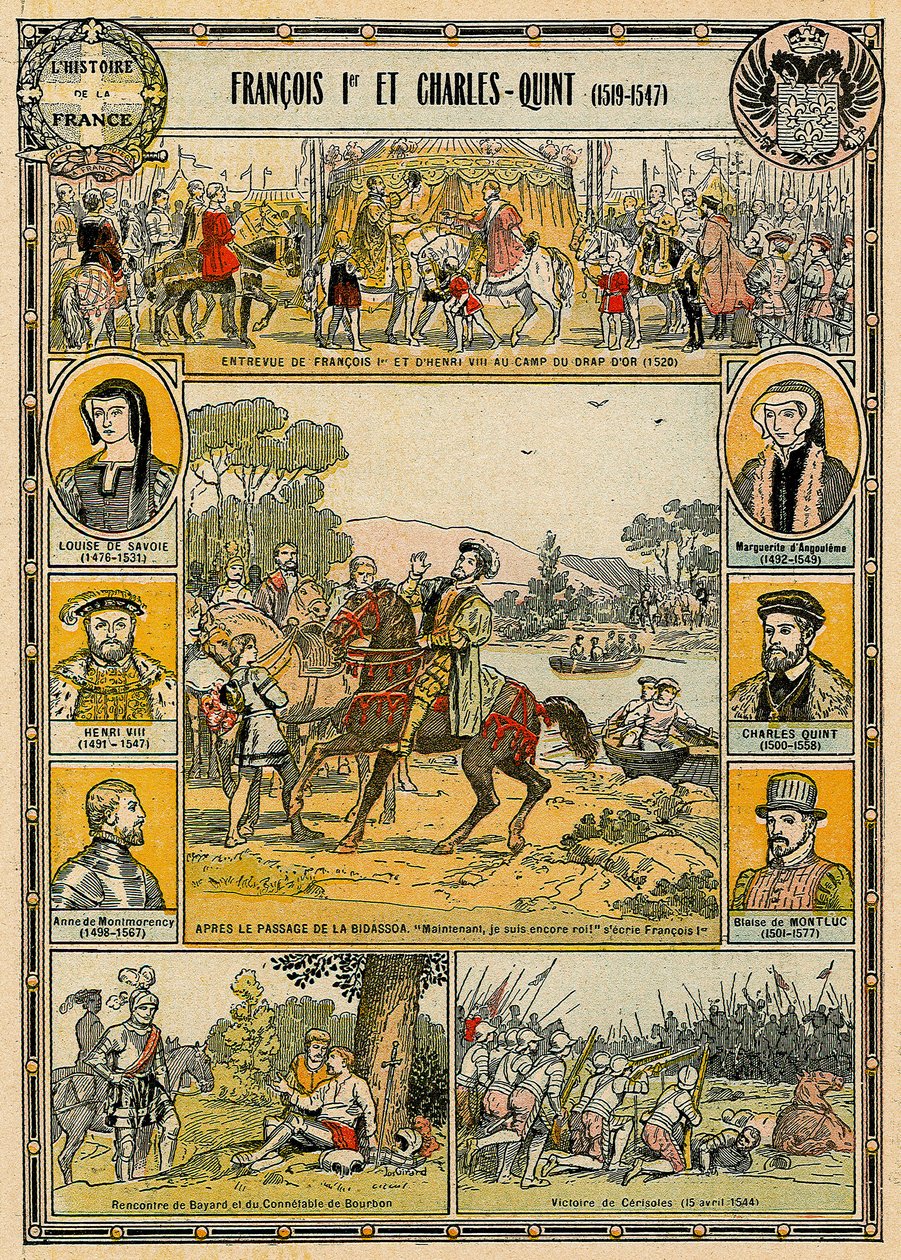 Fransa Kralı I. Francis ve Kutsal Roma İmparatoru V. Charles, 'Histoire de France'dan illüstrasyon by French School