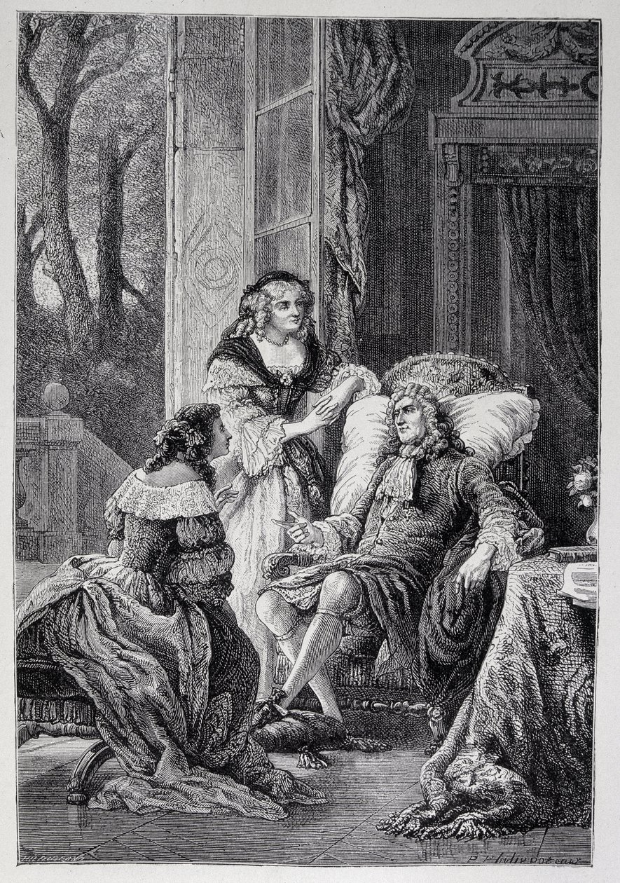 Francois de la Rochefoucauld (1613-1680), Mademoiselle de Sevigne (Marie de Rabutin-Chantal), Marquise de Sevigne dit Madame de Sevigne (1626-1696) ve Marie-Madeleine (Marie Madeleine) Pioche de La Vergne, Lafayette kontesi ile konuşuyor (Bayan F by French School