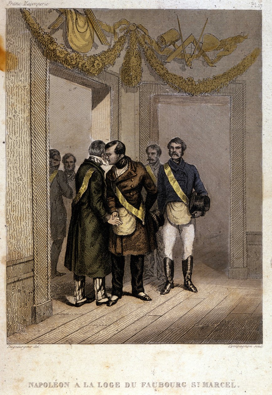 Freemaking: Napolyon Joseph Charles Paul Bonaparte, lakaplı Prens Jerome veya Plonplon, Faubourg Saint Marcel Tapınağı'nın girişinde tanımlanıyor. Masonluğun ve Kadim Gizli Cemiyetlerin Pitoresk Tarihinden “” Gravür by French School