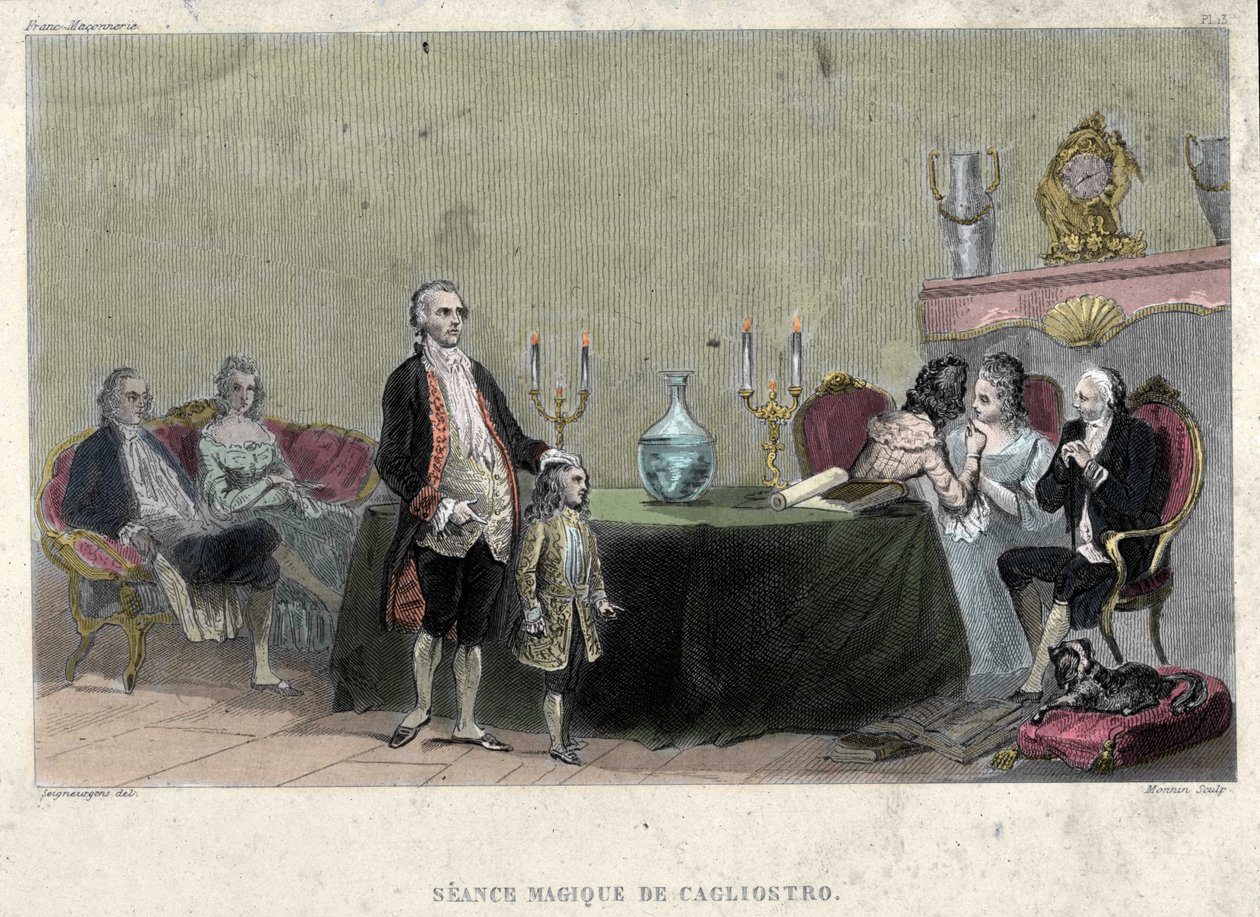 Freemaking: Cagliostro Kontu Alexander olarak bilinen Giuseppe Balsamo tarafından yapılan sihir seansı (1743 - 1795). F.-TB Clavel'in ““Masonluğun ve Eski ve Modern Gizli Derneklerin Pitoresk Tarihi”nden gravür. Pagnerre, editör by French School