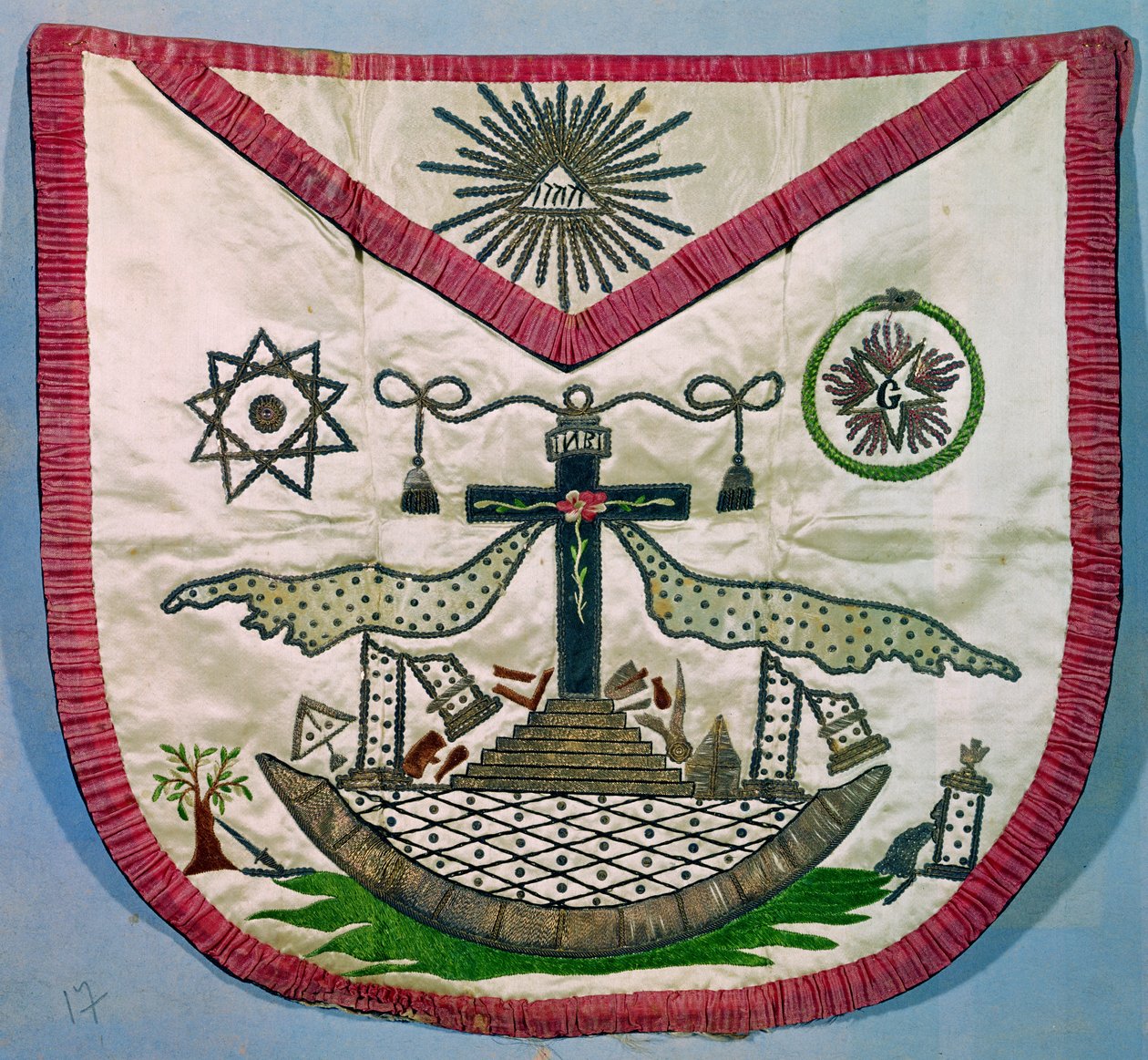 Masonik ve gül-haç sembollü mason önlüğü (işlemeli ipek) by French School