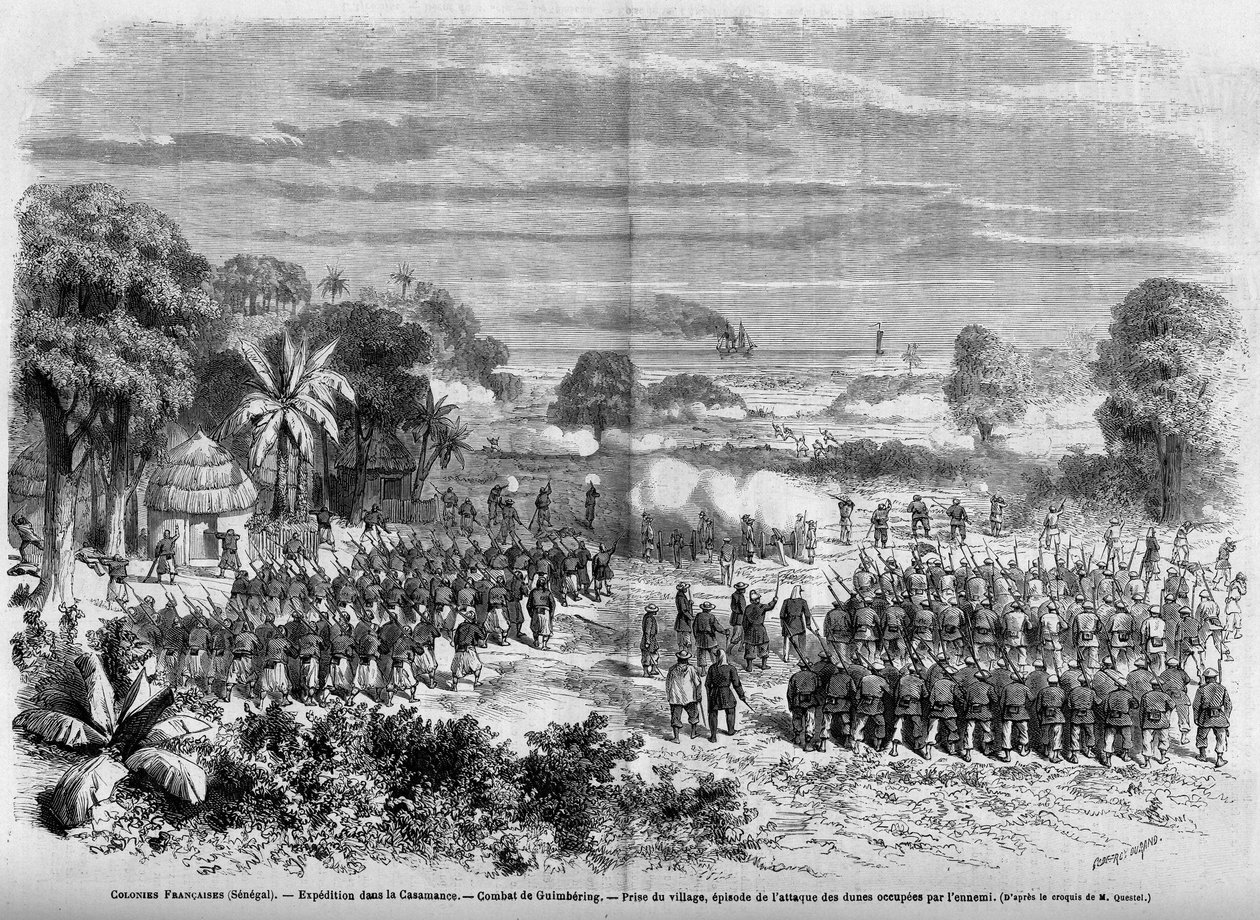 Fransız Kolonileri (Senegal) 1865: Casamance Seferi. Guimbering Muharebesi, Köyün ele geçirilmesi, düşman tarafından işgal edilen kum tepelerine yapılan saldırı bölümü. by French School
