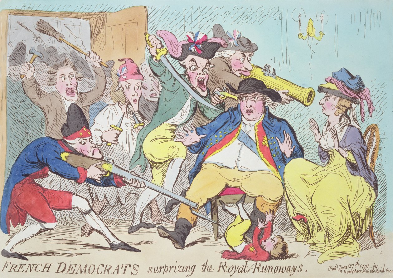 Kraliyet Kaçaklarını Şaşırtan Fransız Demokratlar, 1794 (renkli gravür) by French School