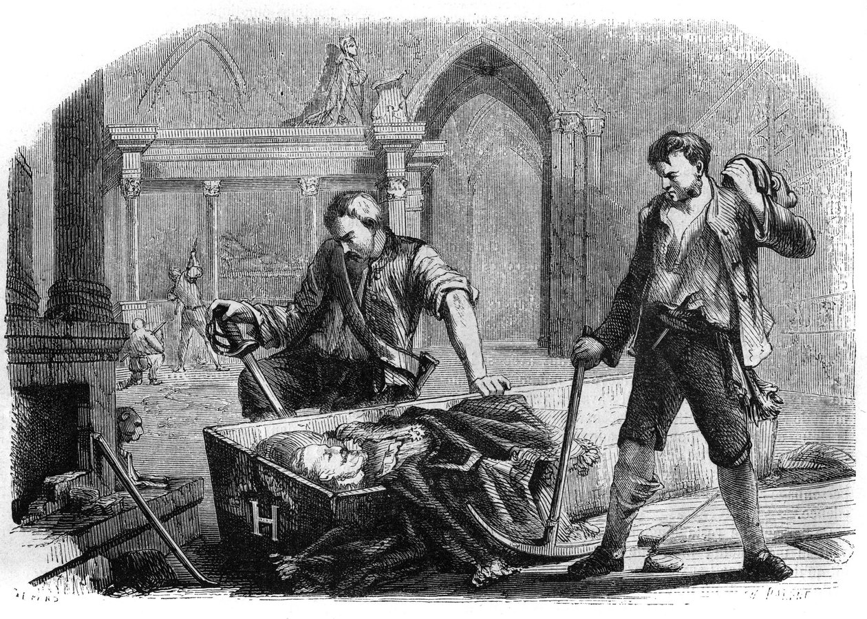 Fransız Devrimi (Konvansiyon): 1793'te Saint Denis kilisesinin kraliyet mezarlarına saygısızlık sırasında Kral IV. Henry'nin (1553-1610) tabutunun açılması. 1860'tan kalma gravür. by French School