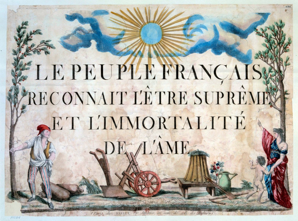 Fransız Devrimi: “Fransız halkı, ruhun yüce varlığını ve ölümsüzlüğünü tanır.” Un sans-panlotte, un arbre de la Liberte, des outils agricoles. 1794. Paris. Arsenal Kütüphanesi by French School