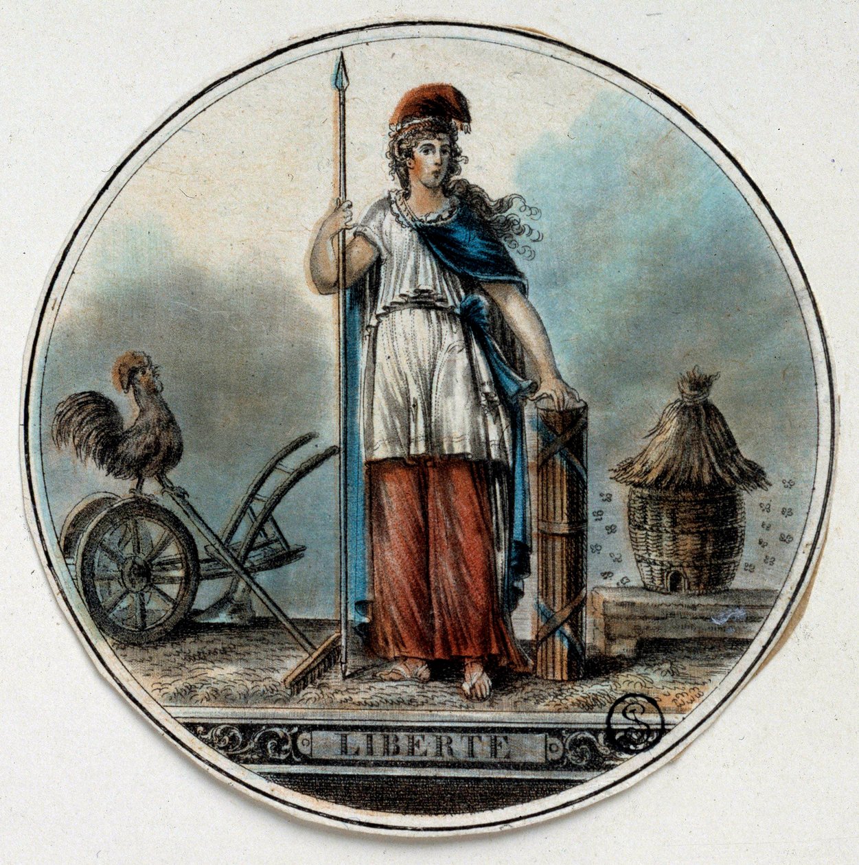 Fransız Devrimi: Bir arı kovanı ve bir horozun yanında bir kadın olarak Liberte alegorisi. 18. yüzyılın sonlarında Paris, B.N. by French School