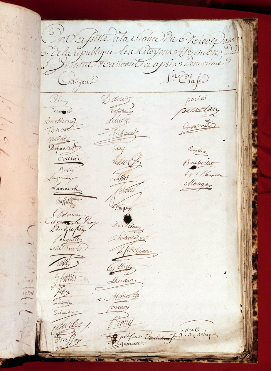 Fransız Devrimi: Ulusal Enstitüye katılan kişilerin imzaları ile 26/12/1797 (6 nivose yıl VI) katılım kaydı sayfası. Paris, Bilimler Akademisi by French School