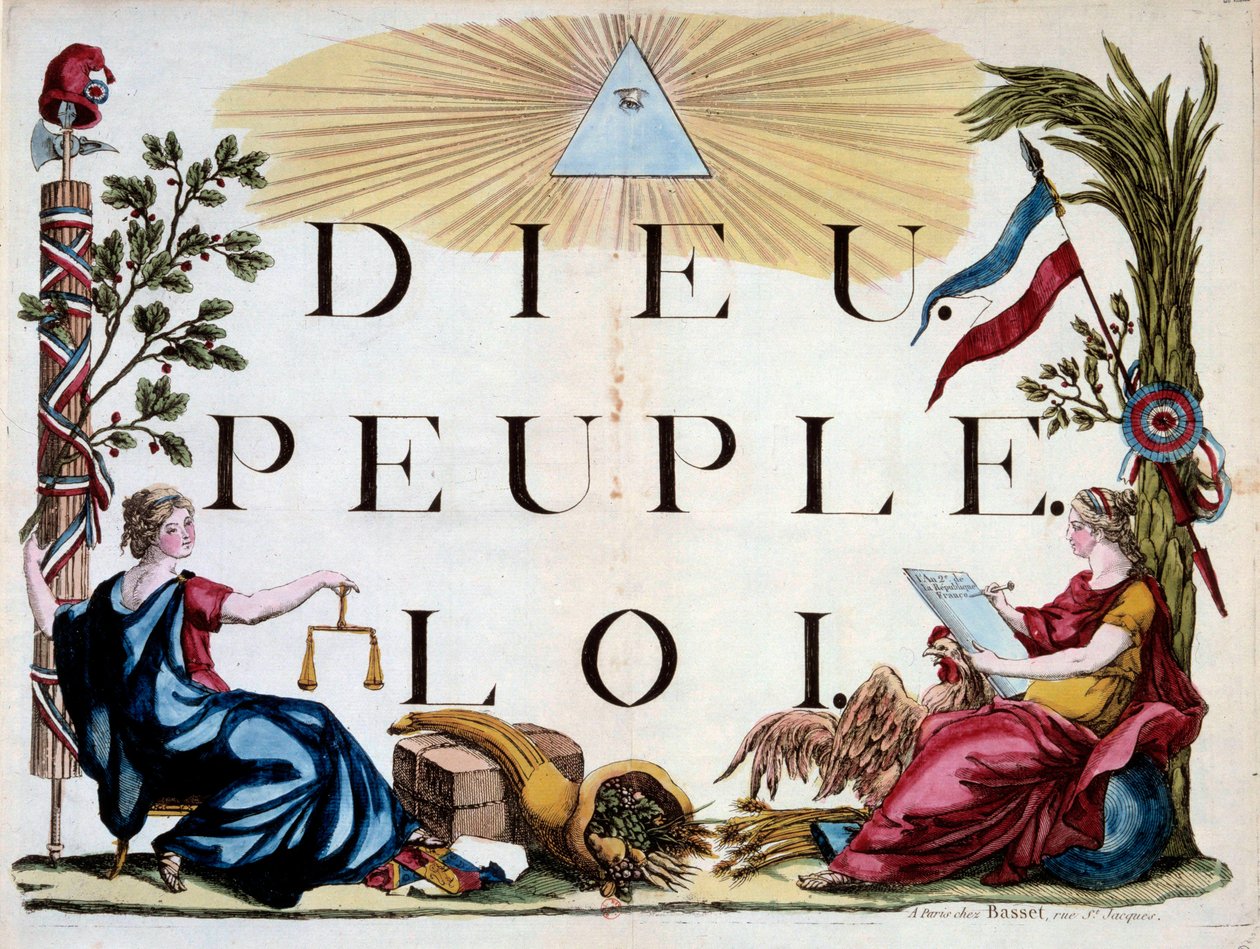 Fransız Devrimi: Tanrı, Halk ve Hukuk, Fransa, Adalet, Bolluk ve cumhuriyet alegorilerini aydınlatan ilahi üçgen. 1794