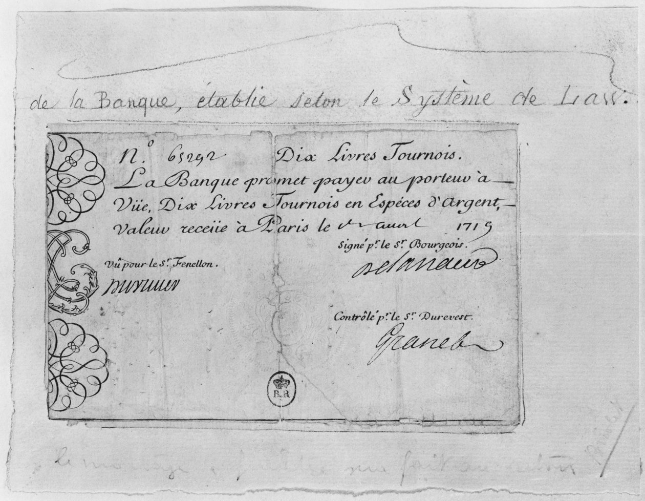 1 Nisan 1719 tarihli Hukuk Bankasından on poundluk Fransız banknotu by French School