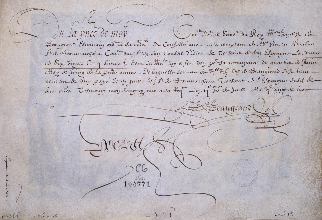 Fransız kaligrafisi: Bernard de Beaugrand lehine Recu 2 Temmuz 1623