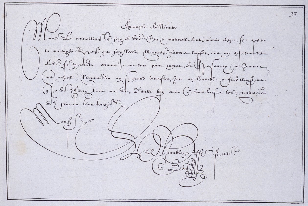 Fransız kaligrafisi: Teknografi, Guillaume Le Gangneur tarafından 1599 civarında “” dakika örneği”. Paris şehrinin tarihi kütüphanesi. by French School